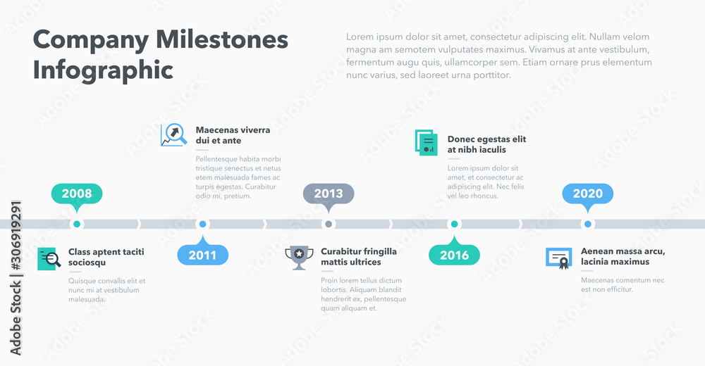 Modern business infographic for company milestones timeline template with flat icons. Easy to use for your website or presentation. - obrazy, fototapety, plakaty 