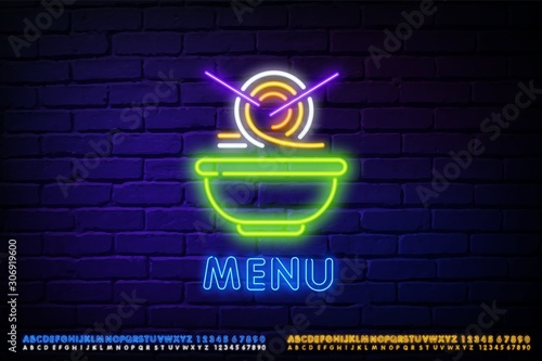Chinese food logo. Neon sign, emblem, neon billboard, bright nightlight, luminous banner. Bright neon advertising for Chinese restaurant, dining room bar. Asian cuisine. Vector illustration