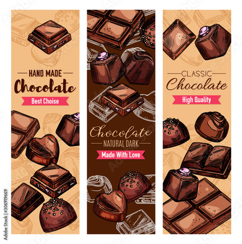 Chocolate candies and sweet desserts, candies with praline, nuts or cocoa and cherry topping, dark bitter and milk chocolate bars. Vector natural handmade chocolate candy package, vintage sketch