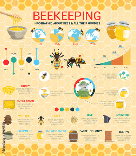 Honey production and beekeeping infographic diagrams and statistic information in world. Vector beekeeper apiary equipment, honeycomb, honey extraction and production info charts