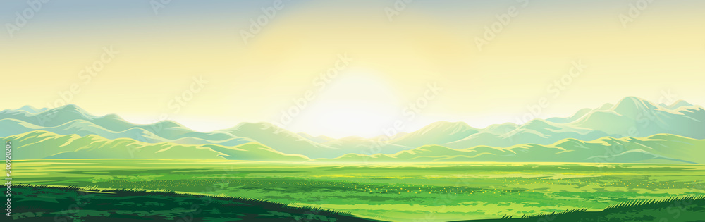 Summer mountain landscape, dawn over the valley, elongated format. Raster illustration.