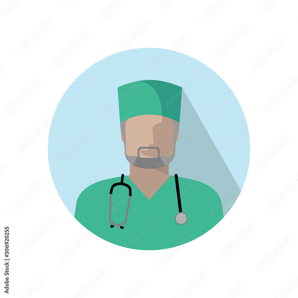 Vector medical doctor icon. Image of a male doctor, nurse or orderly with a stethoscope in a green uniform and headdress. Color Illustration of medical doctor avatar in flat style in circle