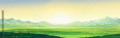 Summer mountain landscape, dawn over the valley, elongated format. Raster illustration.