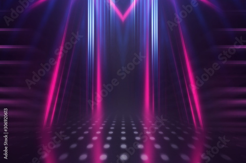 Empty background scene. Dark street reflection on wet asphalt. Rays of neon light in the dark, neon shapes, smoke. Background of an empty stage show. Abstract dark background.