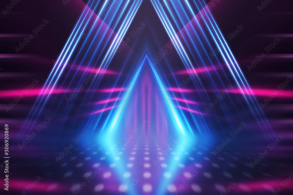 Empty background scene. Dark street reflection on wet asphalt. Rays of neon light in the dark, neon shapes, smoke. Background of an empty stage show. Abstract dark background. Empty background scene. Dark street reflection on wet asphalt. Rays of neon light in the dark, neon shapes, smoke. Background of an empty stage show. Abstract dark background.