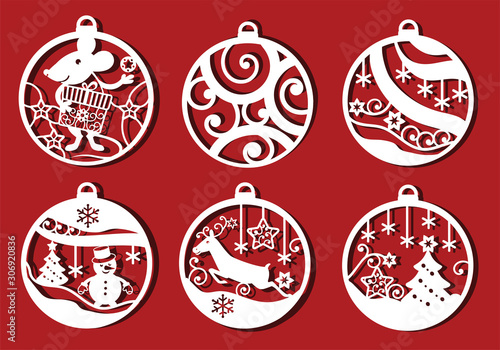 Christmas ball set. Deer, snowman in Christmas ball for laser cuttinng. Monochrome ornamental simple drawing
