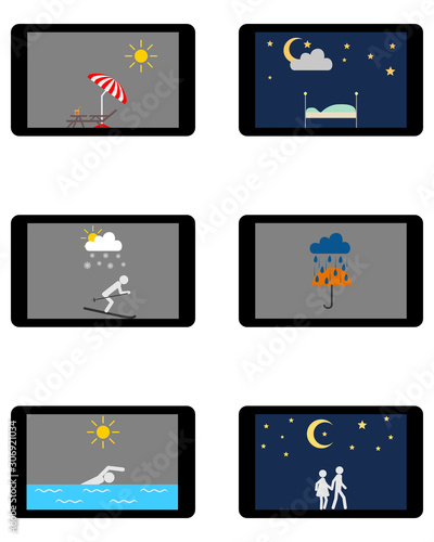 Verschiedene Wettersymbole und Freizeitaktivitäten auf Tablet