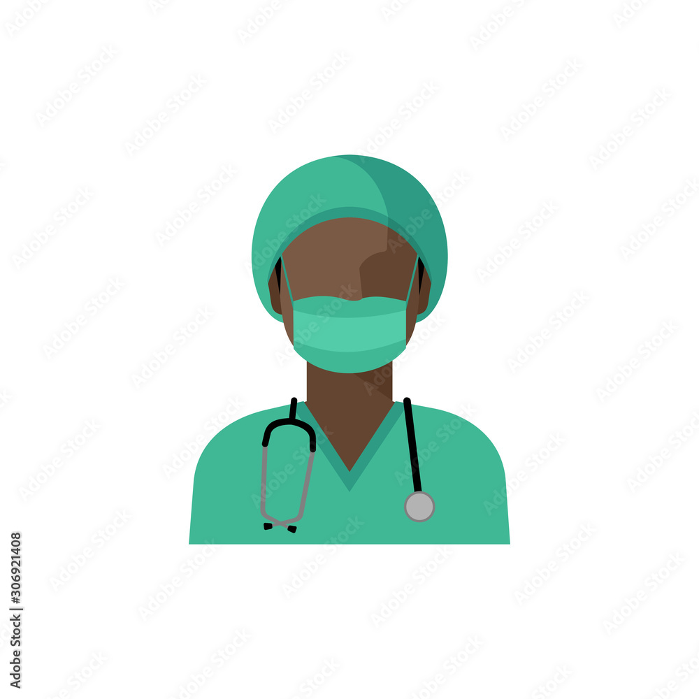 Fototapeta premium Vector doctor icon. Image of a female doctor, with a stethoscope, in medical uniform with a headdress and a gauze protective bandage on his face. Isolated color illustration, avatar of the doctor