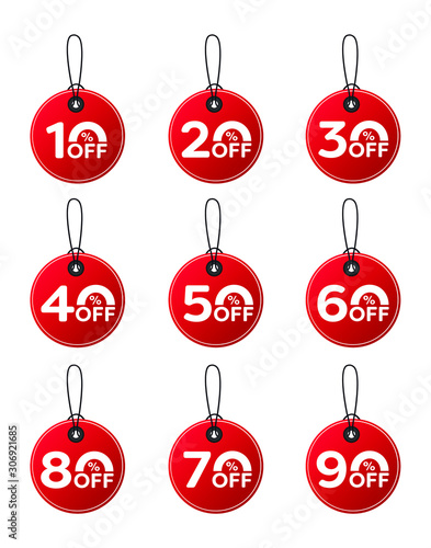 Sale discount tag set vector badges template. Special offer price signs. 10, 20, 30, 40, 50, 60, 70, 80 and 90 percent off reduction symbols