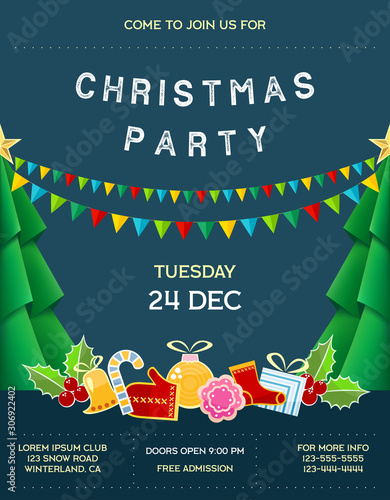 Poster for Christmas party with invitational text and celebration attributes.