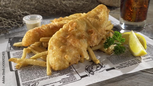 Batter fried takeout fish and chips.
