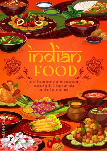 Indian authentic cuisine, traditional India restaurant food menu cover. Vector vegetarian vegetables, curry rice and tandoori meals, meat and fish in masala spices, gourmet cooking recipe