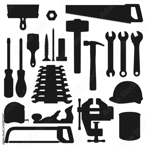 Work tools silhouette icons, home repair, renovation and remodeling handy instruments. Vector woodwork carpentry and construction tools, hammer, saw and screwdriver, wrench and drill with ruler
