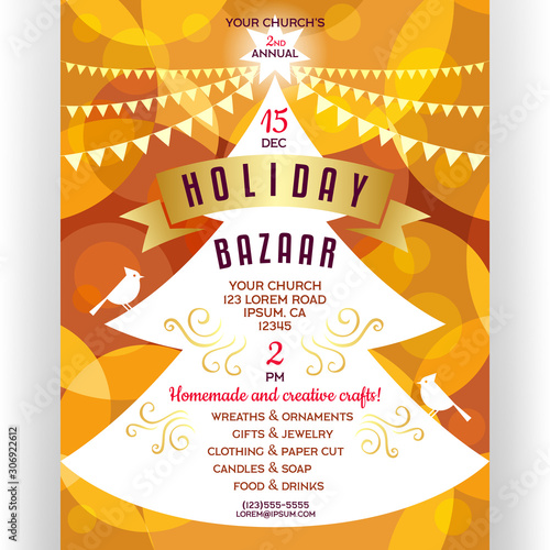 Poster for winter holiday bazaar with invitational text and many decorative details.