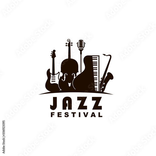 black jazz festival emblem with music instruments