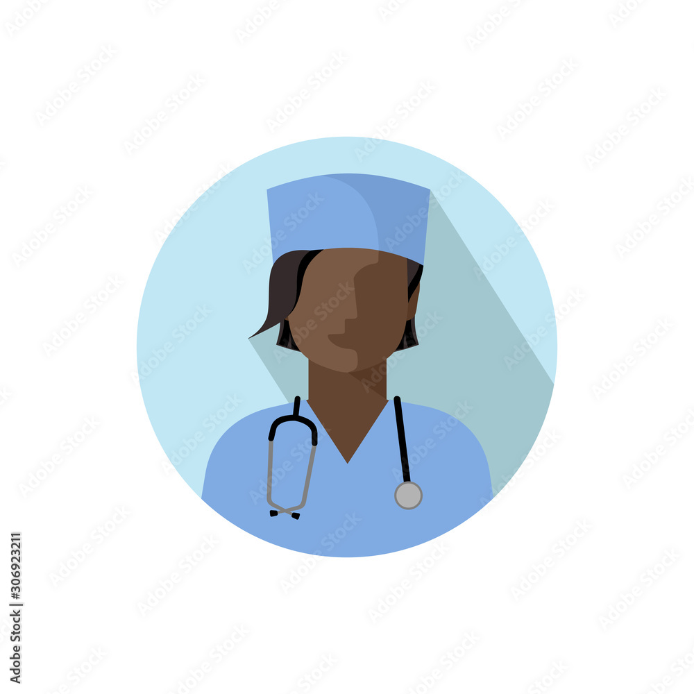 Vector doctor icon. The image of a woman doctor, with a stethoscope, in a medical uniform of blue color. Isolated color illustration, avatar of a doctor in flat style Vector doctor icon. The image of a woman doctor, with a stethoscope, in a medical uniform of blue color. Isolated color illustration, avatar of a doctor in flat style