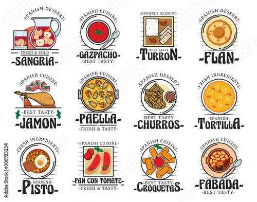 Spanish cuisine food, traditional snacks and desserts, restaurant cafe menu dishes. Vector Spain authentic cuisine jamon, paella and gazpacho soup, turron dessert and croquetas, tortilla and churros photo