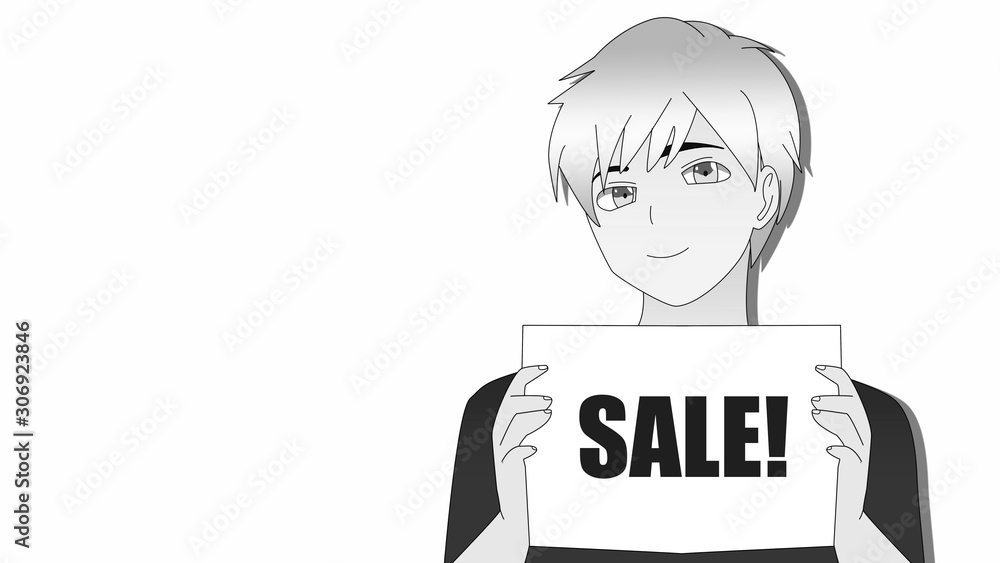 Anime Boy holding sign with hand. Cartoon Character in T-Shirt holding