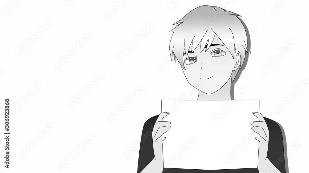 Anime Boy holding sign with hand. Cartoon Character in T-Shirt holding  blank white paper board with a confident smile it's Anime Manga Boy in  black and white Stock Illustration | Adobe Stock