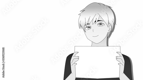 Anime Boy Holding Sign With Hand Cartoon Character In T Shirt Holding Blank White Paper Board With A Confident Smile It S Anime Manga Boy In Black And White Stock Illustration Adobe Stock