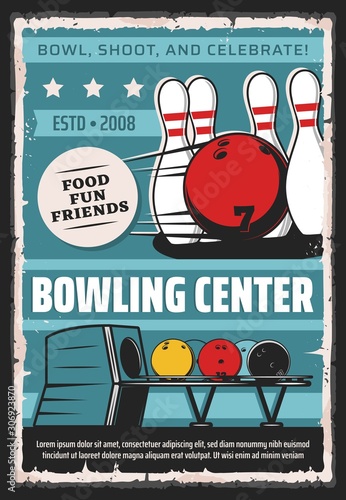Bowling center, sport game club and league tournament vintage retro poster. Vector bowling game club, balls and skittle pins equipment for strike, hobby entertainment and professional championship