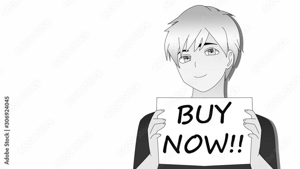 Anime Boy Holding Sign With Hand That Says Buy Now Cartoon Character In T Shirt Holding White Paper Board With A Confident Smile It S Anime Manga Boy In Black And White Stock Illustration Anime Boy Holding Sign With Hand That Says Buy Now Cartoon Character In T Shirt Holding White Paper Board With A Confident Smile It S Anime Manga Boy In Black And White Stock Illustration