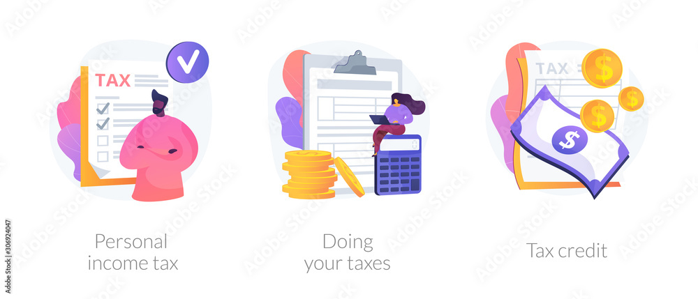 Taxes and fees paying. Financial charge, obligatory payment calculating. Personal income tax, doing your taxes, tax credit metaphors. Vector isolated concept metaphor illustrations