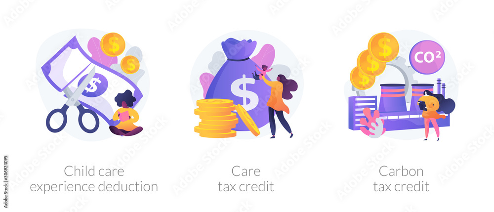 Tax deduction, exemption and credit icons set. Child care experience deduction, care tax credit, carbon tax credit metaphors. Income subsidies. Vector isolated concept metaphor illustrations