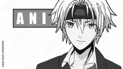 Anime Boy Cartoon Character with in Suit standing with a confident smile it's Anime Manga Boy in black and white