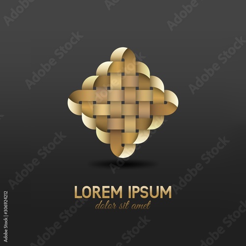 Gold weave abstract symbol on black background