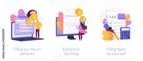 Income reporting, revenue declaration, financial statement. Filing tax return software, electronic tax filing, filing taxes by yourself metaphors. Vector isolated concept metaphor illustrations.