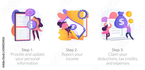 Tax accounting process. Provide and update your personal information, report your income, claim your deductions, tax credits, and expenses metaphors. Vector isolated concept metaphor illustrations