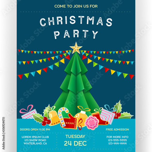 Poster for Christmas party with invitational text and abstract celebration attributes.