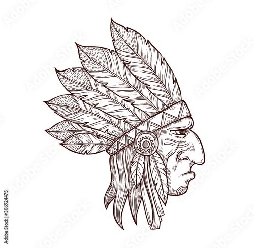 Indian chief head in traditional headdress of eagle feathers, sketch tattoo symbol. Vector Western and native American Indigenous tribe culture symbol of Indian chief warrior, monochrome engraving