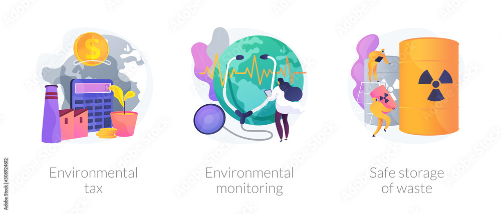 Fototapeta premium Fighting ecological problems icons set. Solution of ecological issues. Environmental tax, environmental monitoring, safe storage of waste metaphors. Vector isolated concept metaphor illustrations.