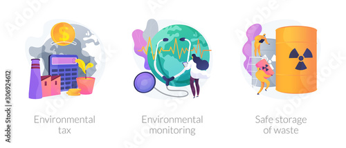 Fighting ecological problems icons set. Solution of ecological issues. Environmental tax, environmental monitoring, safe storage of waste metaphors. Vector isolated concept metaphor illustrations.