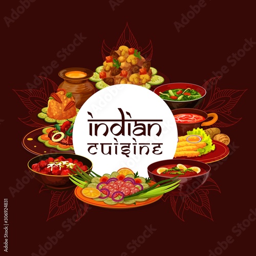 Indian cuisine restaurant menu cover template, India traditional authentic food dishes. Vector Indian curry and tomato soup, bananas in batter, palag murk spinach and bhaji vegetables with pepper