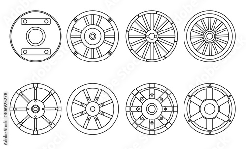 Wooden wheel vector line set icon.Vector illustration cart of wheel. Isolated line icon cartwheel for wagon on white background .