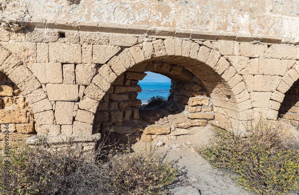 Morning  view of the remains of an ancient Roman aqueduct located near Caesarea in Israel