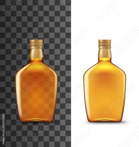 Whiskey bottle realistic 3d mockup template. Vector isolated blank orange bottle of drink premium alcohol beverages, Irish or Scotch whiskey, elite cognac or bourbon, bar menu symbol