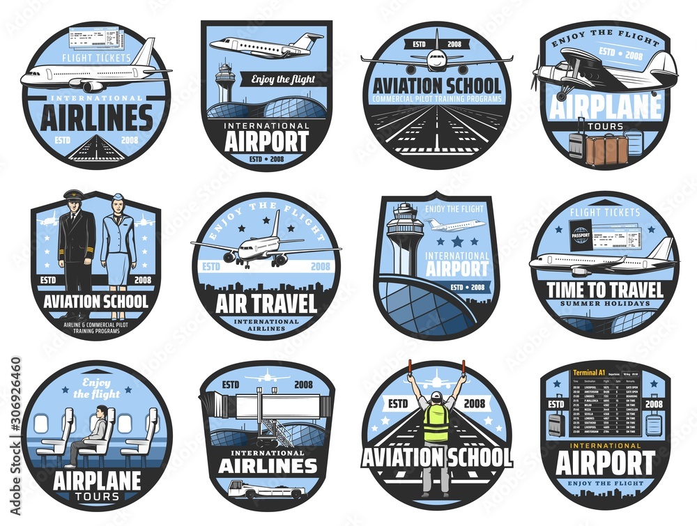 Obraz premium Aviation icons, pilot school and flight attendant service. Vector international flights travel, airport departure and arrival schedule, civil aviation profession, airport and airplane crew symbols