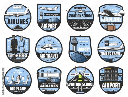 Aviation icons, pilot school and flight attendant service. Vector international flights travel, airport departure and arrival schedule, civil aviation profession, airport and airplane crew symbols