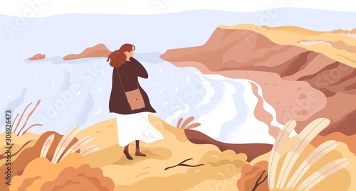 Nature exploration flat vector illustration. Dreamy woman enjoying scenic landscape. New horizons discovery concept. Girl at river coast cartoon character. Outdoor activity, autumn walk.