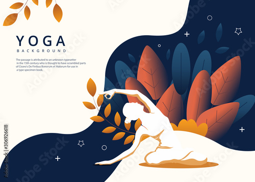 Vector image of a young woman doing yoga on a colorful abstract background.