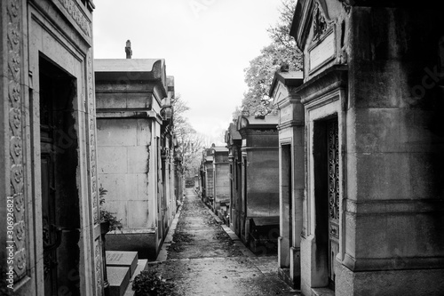 Paris  France - November 18  2019  Graves and crypts in Pere Lachaise Cemetery  This cemetery is the final resting place for many famous people