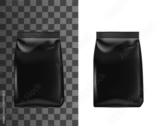 Black bag pack, foil or paper doypack template mockup, realistic 3d. Vector isolated blank doy pack, packaging sachet of chip snacks, detergent, candies or coffee and tea products