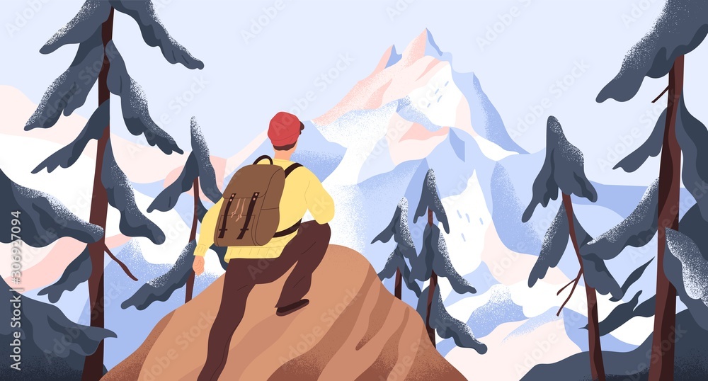 Mountain hiking flat vector illustration. Backpacker exploring wild nature. New horizons and goals concept. Man with backpack conquering peak in forest. Outdoor activity, discovery, exploration. - obrazy, fototapety, plakaty 