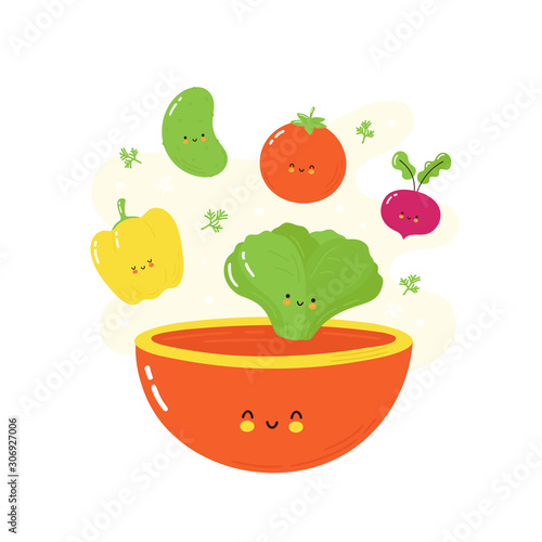 Cute happy vegetables falling in salad bowl