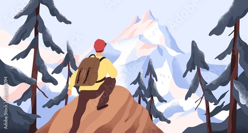 Mountain hiking flat vector illustration. Backpacker exploring wild nature. New horizons and goals concept. Man with backpack conquering peak in forest. Outdoor activity, discovery, exploration.