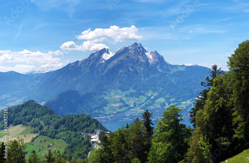 View of the mountain masiff Pilatus or Mount Pilatus from the mountain Bürgenstock (Buergenstock or Burgenstock), Ennetbürgen (Ennetbuergen) - Canton of Nidwalden, Switzerland photo